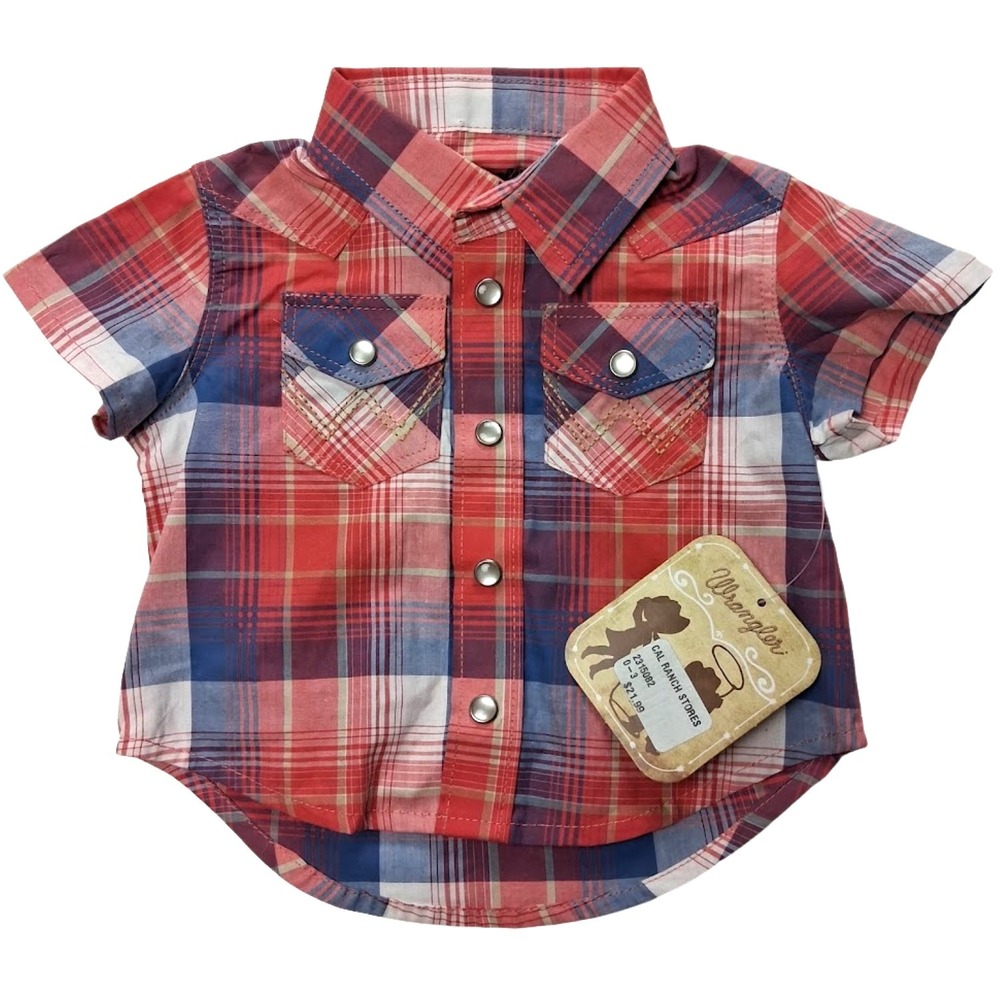 Wrangler Baby Boy Red Plaid 0 3 Mos Pearl Snap Collared Dress Shirt Short Sleeve